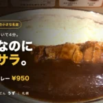 カレーとカレーうどんうずの豚角煮カレー。濃厚で黒いサラサラのルウに炙った角煮が並ぶ
