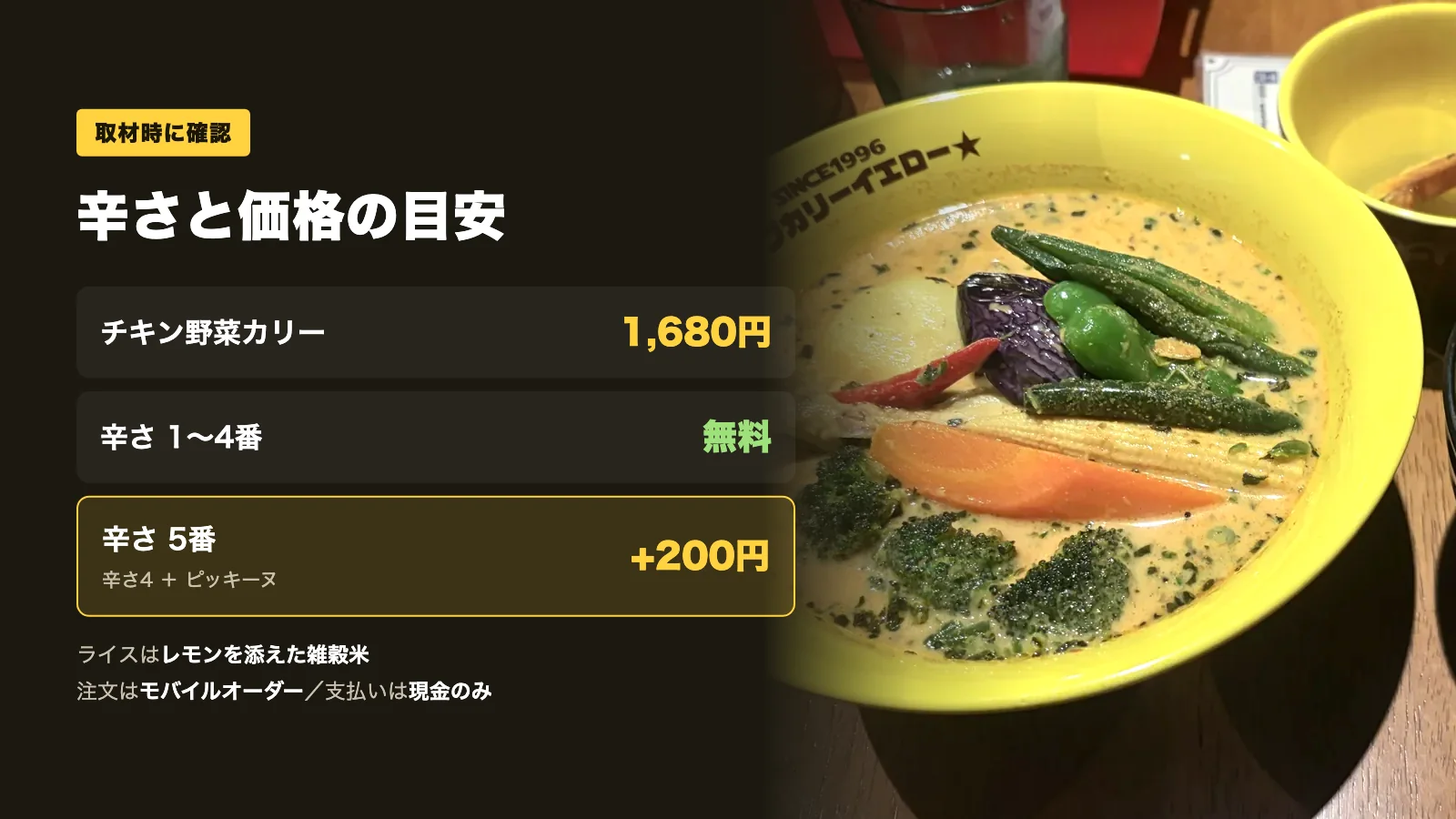 スープカリーイエローの辛さと価格の目安。辛さ1から4番は無料、5番は200円追加